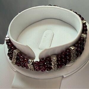 Multi-Row Plum Color Glass Bead Latch Bracelet with Silver Spacer Accents 6.5”